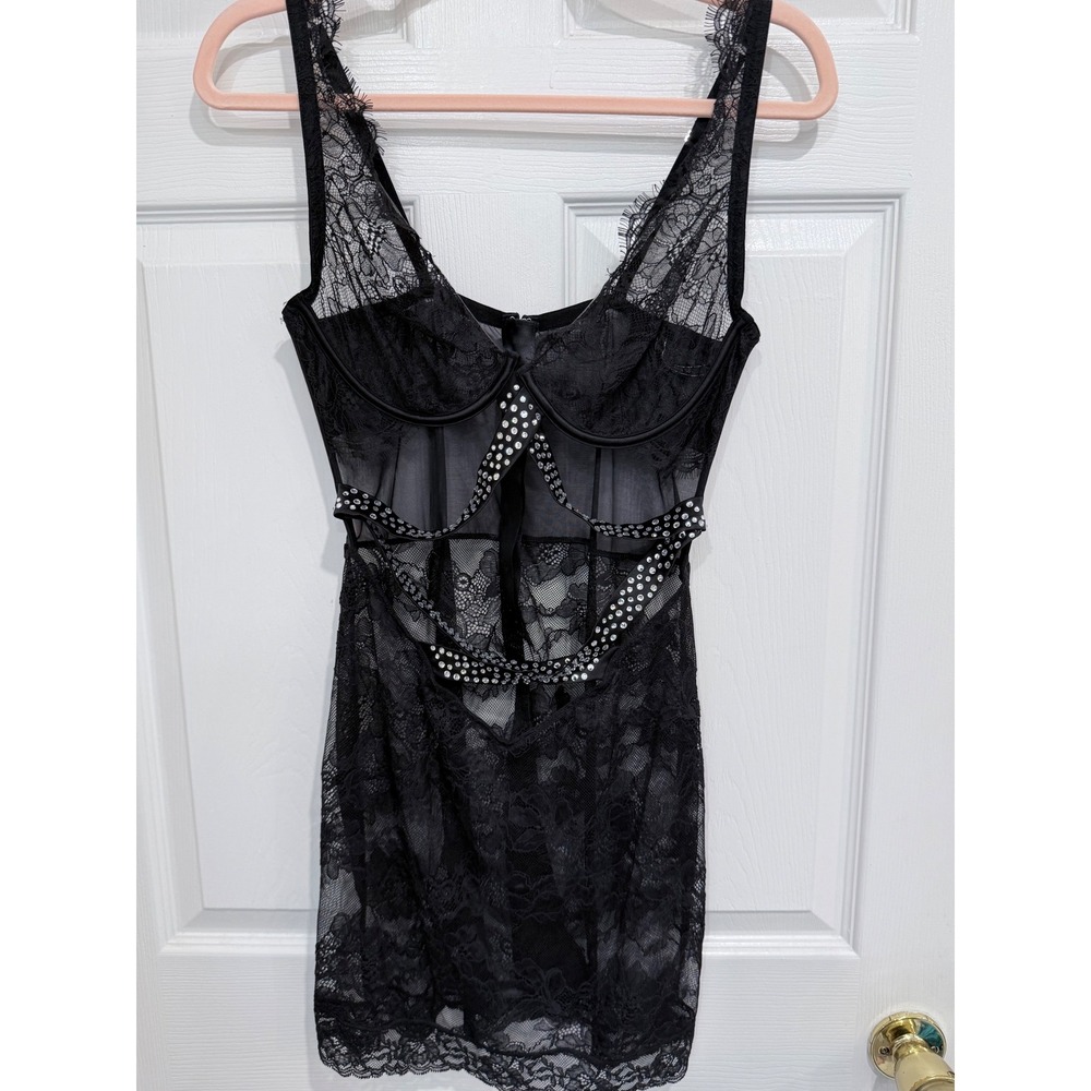 Victoria's Secret Black Lace Rhinestone Cutout Slip Dress Underwire Sheer Mesh